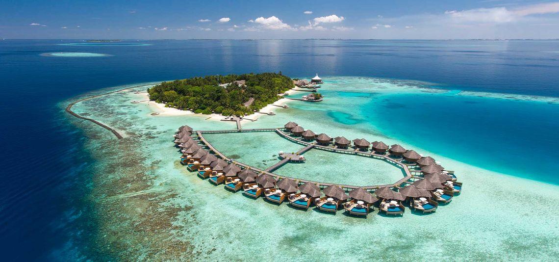baros maldives resort aerial view Ocean Island Overwater bungalows